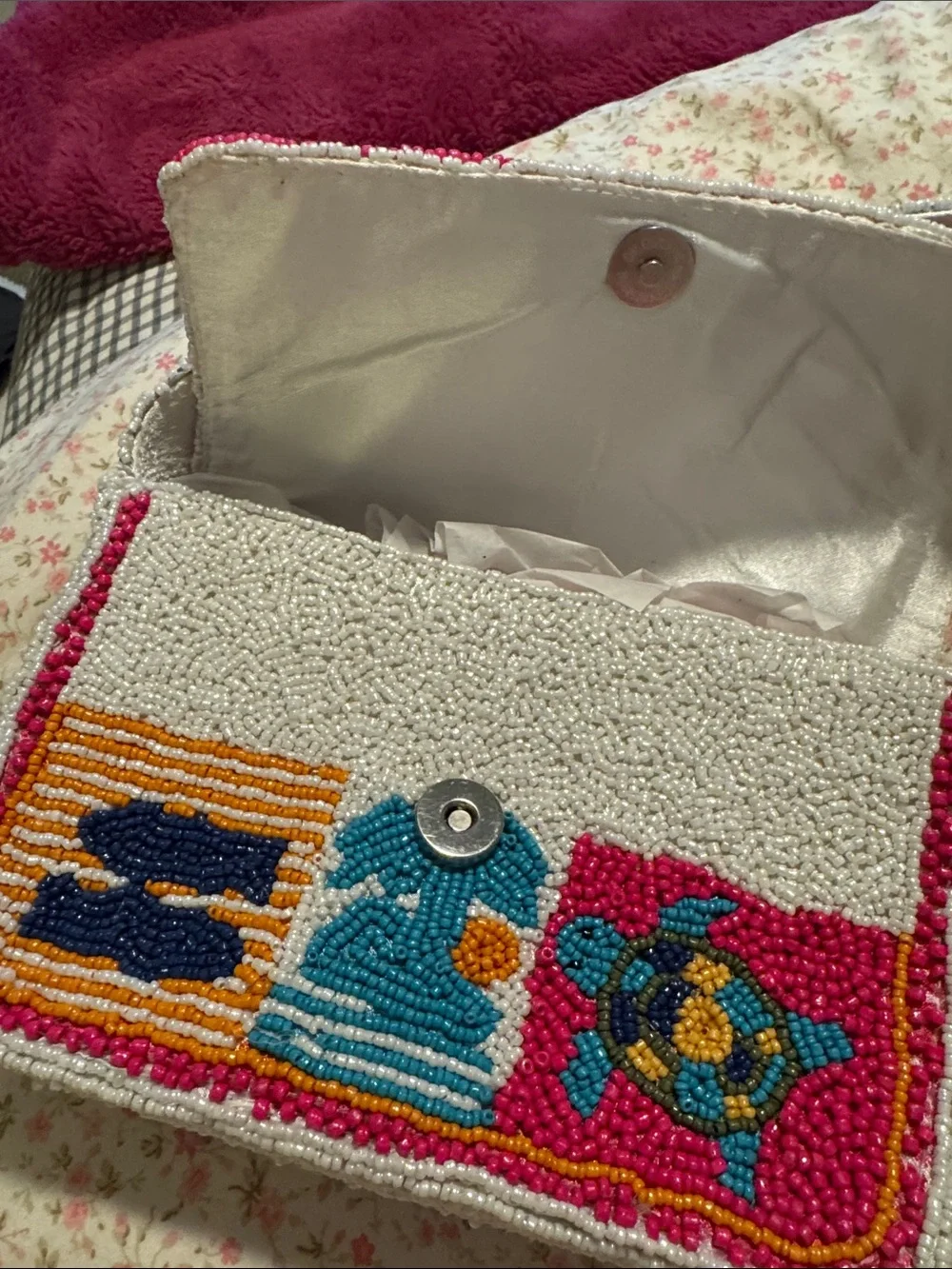 Hand-Beaded Multicolor Crossbody Bag - Pink/Blue Accents